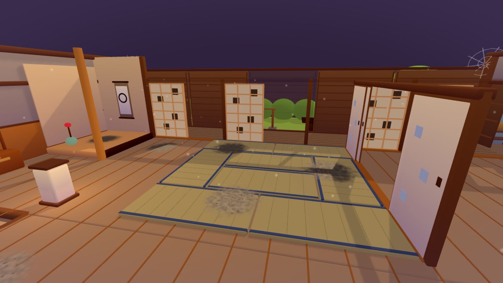 A tatami room covered in dust and cobwebs at night.