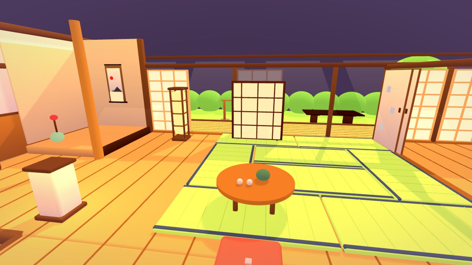 The same kind of room, clean, with fresh green tatami and a low table.