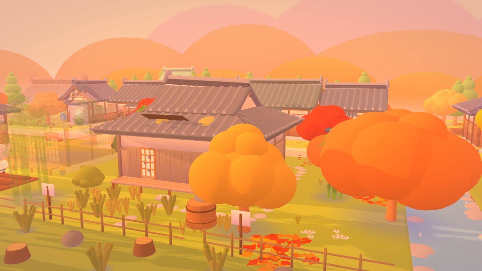 An autumn village with kawara-roofed houses, orange maple trees and a rice field.